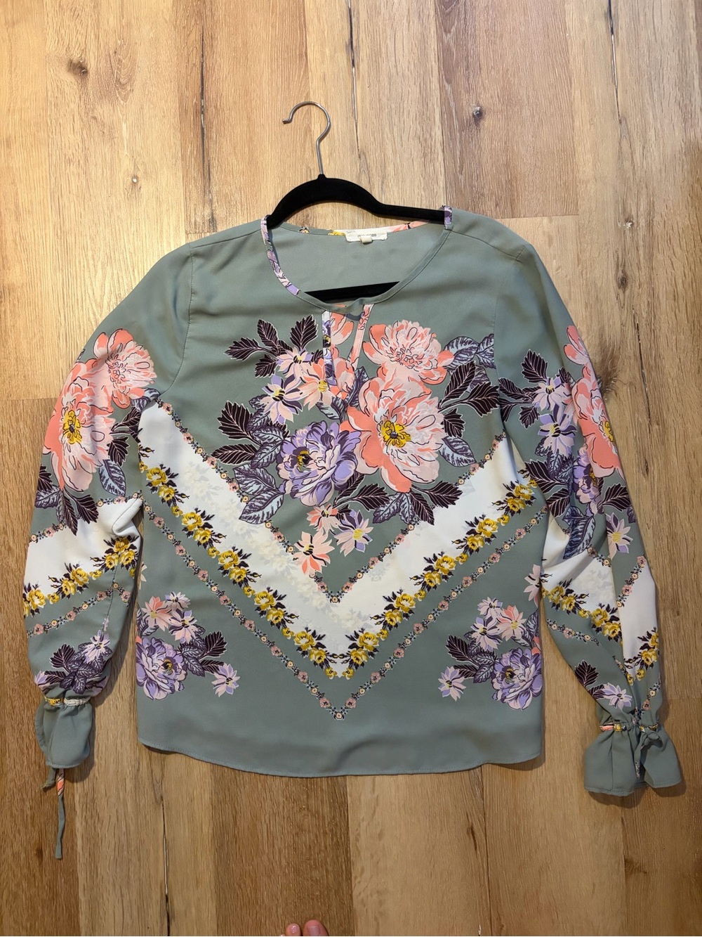 Maurices Sage Green Floral Long-Sleeve Blouse with Tie Cuffs